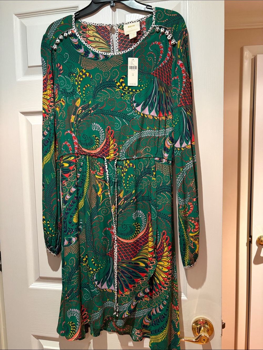 Maeve Green Paisley-Print Long Sleeve Drawstring-Waist Dress
